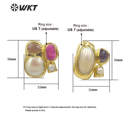 WT-MPR083 Newest Exclusive WKT Design 18k Real Gold Plated Resist Tarnishable Multi Stone and Pearl Women Ring in Adjustable