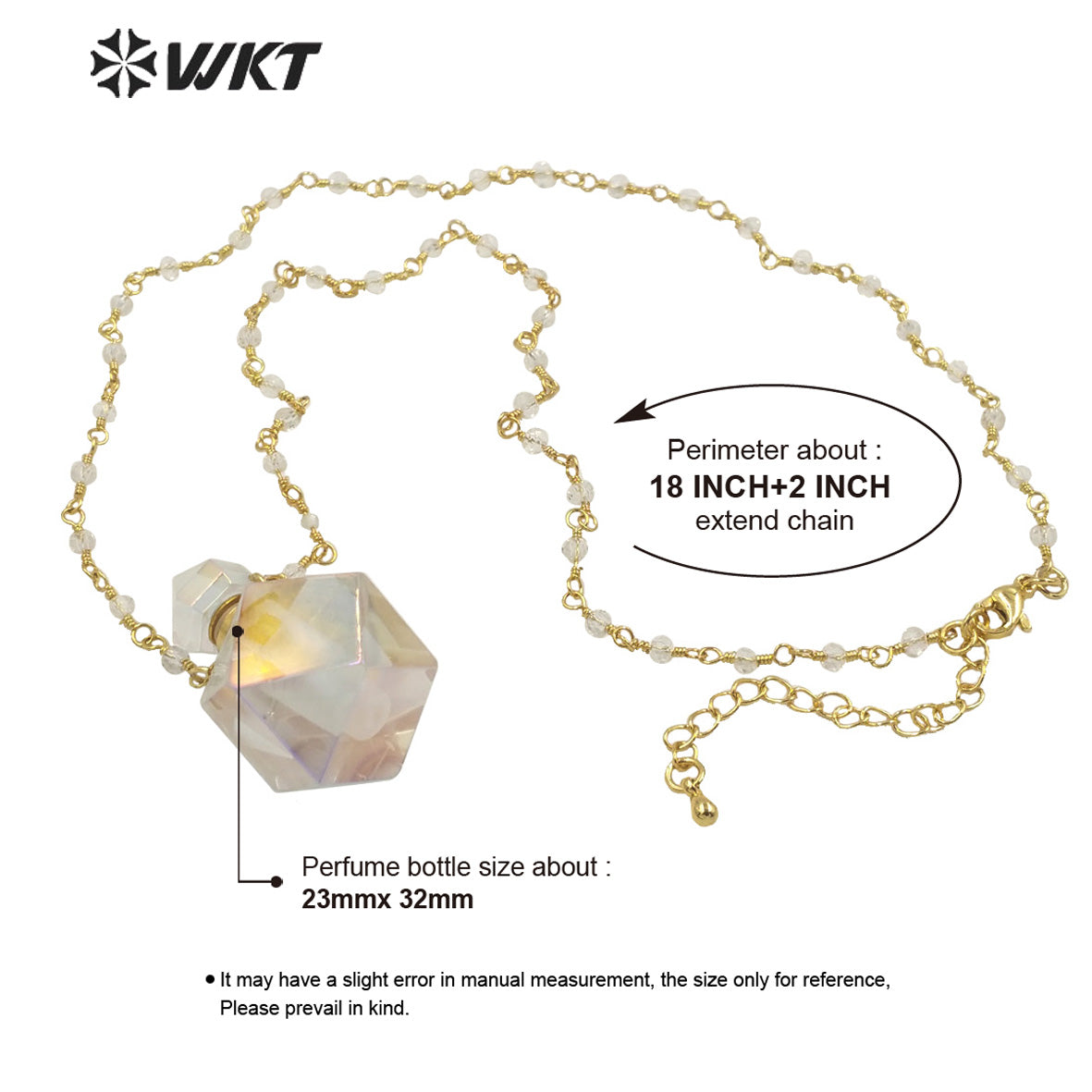 WT-N1353 WKT Fashion Natural Stone Aura Quartz Perfume Bottle Necklace Charming Crystal With Pendant Necklace Unique Party Gift