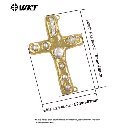WT-PC015 The New Listing Back Full Gold Plated Natural Freshwater Pearl Cross Connector For DIY Women Necklace Jewelry