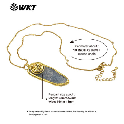 WT-N1466 Amazing Special Hand Craft Gold Plated Randomly Shape Natural Raw Blue Kyanite Pendant Necklace
