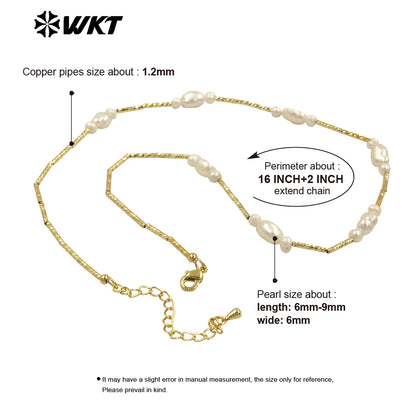 WT-JN279 Elegant Chic Women Hand Strand Made Natural Real Freshwater Pearl Pipe Chain Necklace in 16 Inch Long