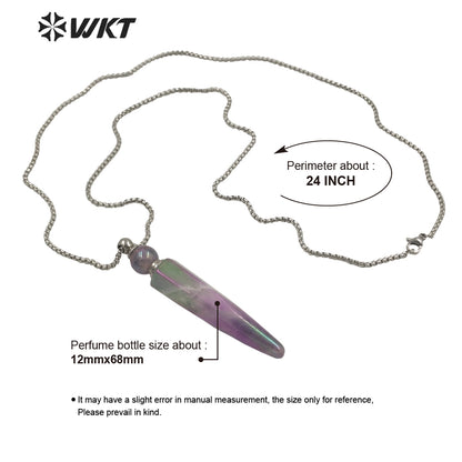 WT-N1282 Wholesale Long Bullet Shape Aura Amethyst Essencial Oil Necklace Lady Natural Stone Perfume Bottle Necklace