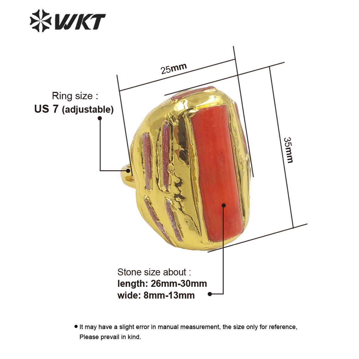 WT-MPR059 Trendy Romantic Freshwater Natural Red Coral 18k Gold Plating Ring Lovely Women Boho Ring for Gift