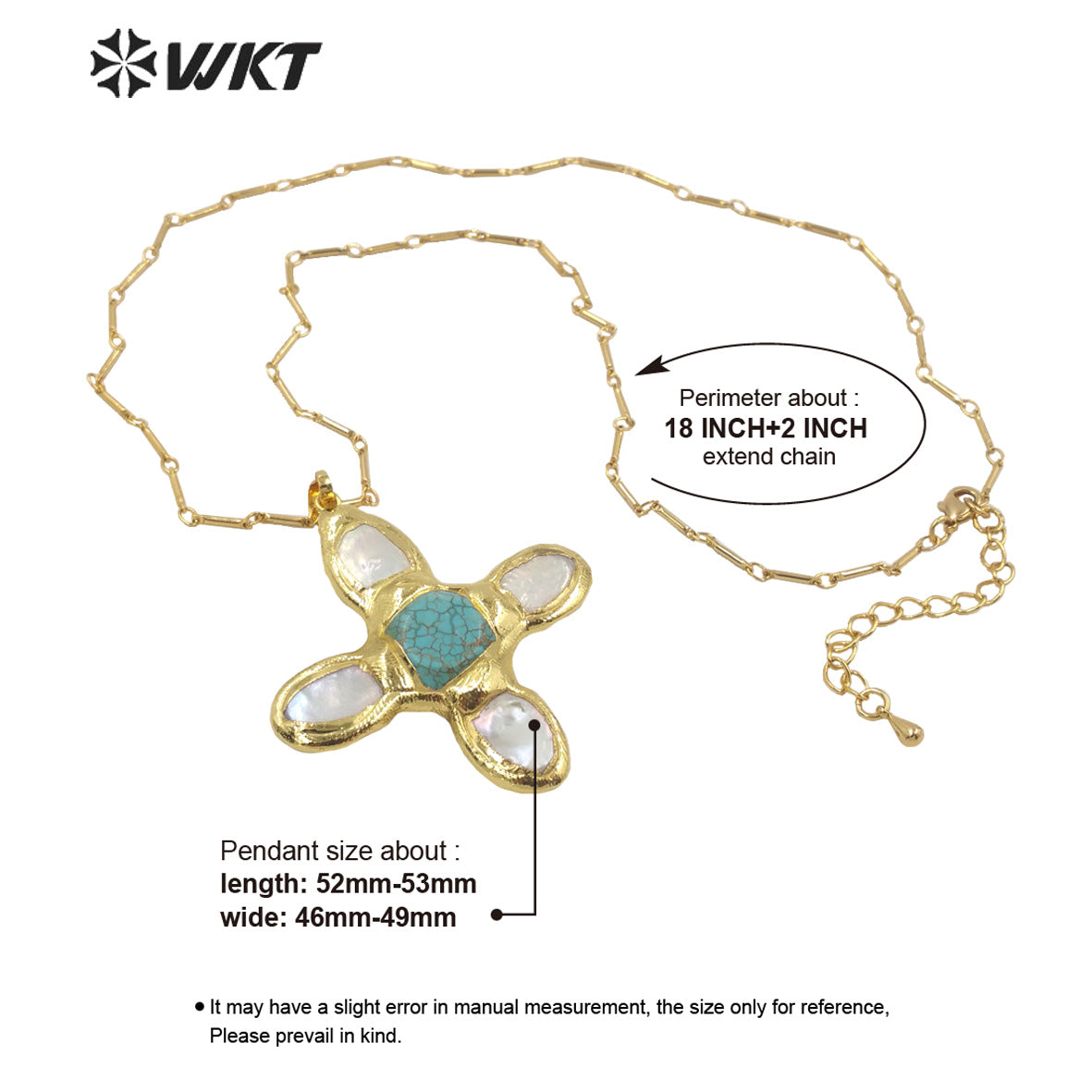 WT-JN169 Wholesale New Fashion Trendy Pearl Cross Shape Turquoises Pendant Necklace Gold Electroplated Necklace Green Stone
