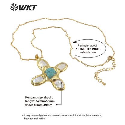 WT-JN169 Wholesale New Fashion Trendy Pearl Cross Shape Turquoises Pendant Necklace Gold Electroplated Necklace Green Stone