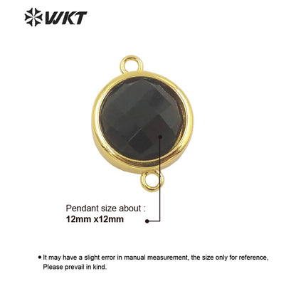 WT-C307 Wholesale Fashion Small Round Gold Bezel Jewelry Connectors Delicate Double Loops Natural Gemstone Charms in 12mm