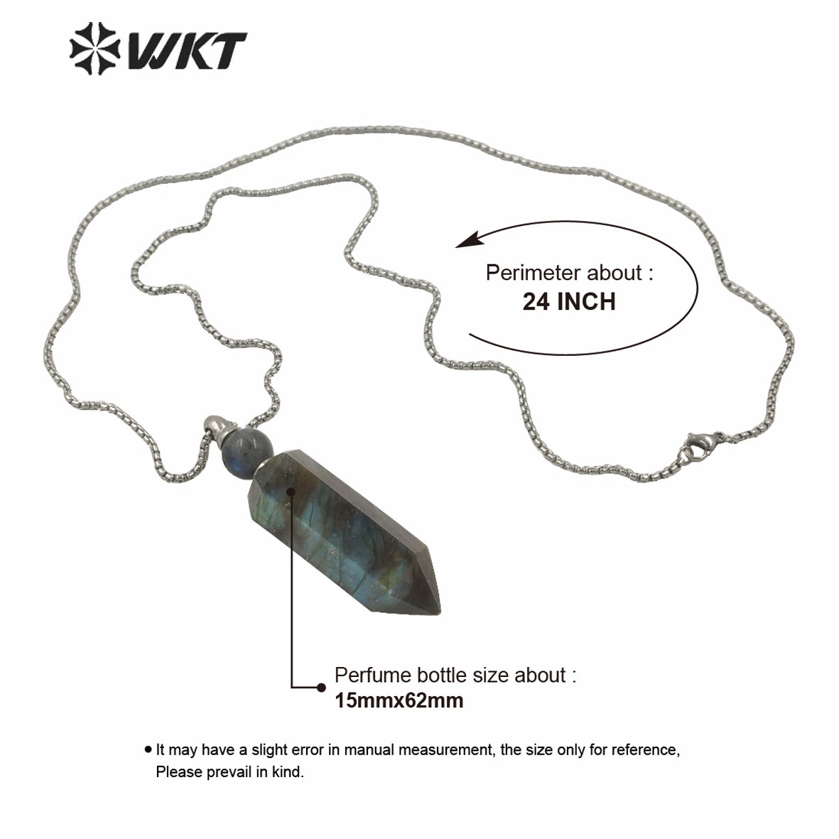 WT-N1257 Wholesale New Color Natural Labradorite Cube Stone Point Stainless Steel Perfume Bottle Necklace for Women