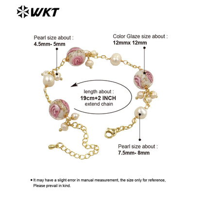 WT-MPB095 Fashionable Colour Glaze & Freshwater Pearl Trendy Rose Bead 18k Real Gold Adjustable Romantic Gift Woman Bracelet