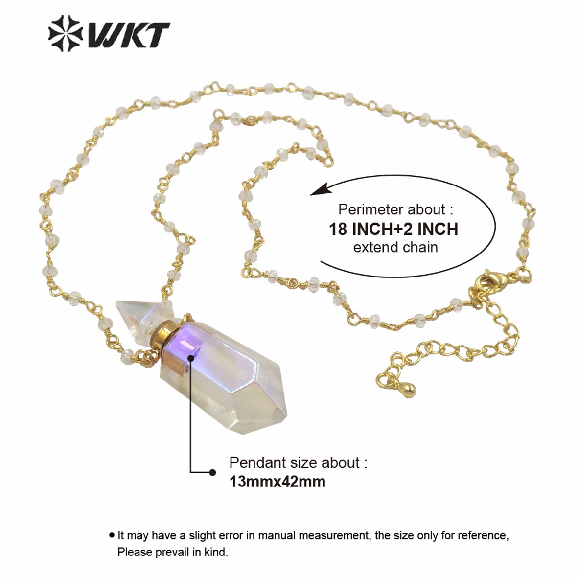WT-N1233 Wholesale Women Double Point Aura Crystal Quartz Point Necklace Gold Plated Crystal Rosary Beads Spirit Bottle Necklace