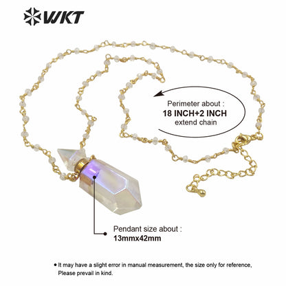 WT-N1233 Wholesale Women Double Point Aura Crystal Quartz Point Necklace Gold Plated Crystal Rosary Beads Spirit Bottle Necklace