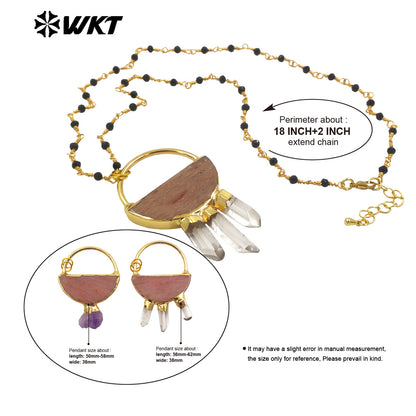 WT-N1470 Amazing New Design Semi Circle Geometric Natural Stone Pendant Necklace With Rosary Black Beads Chain