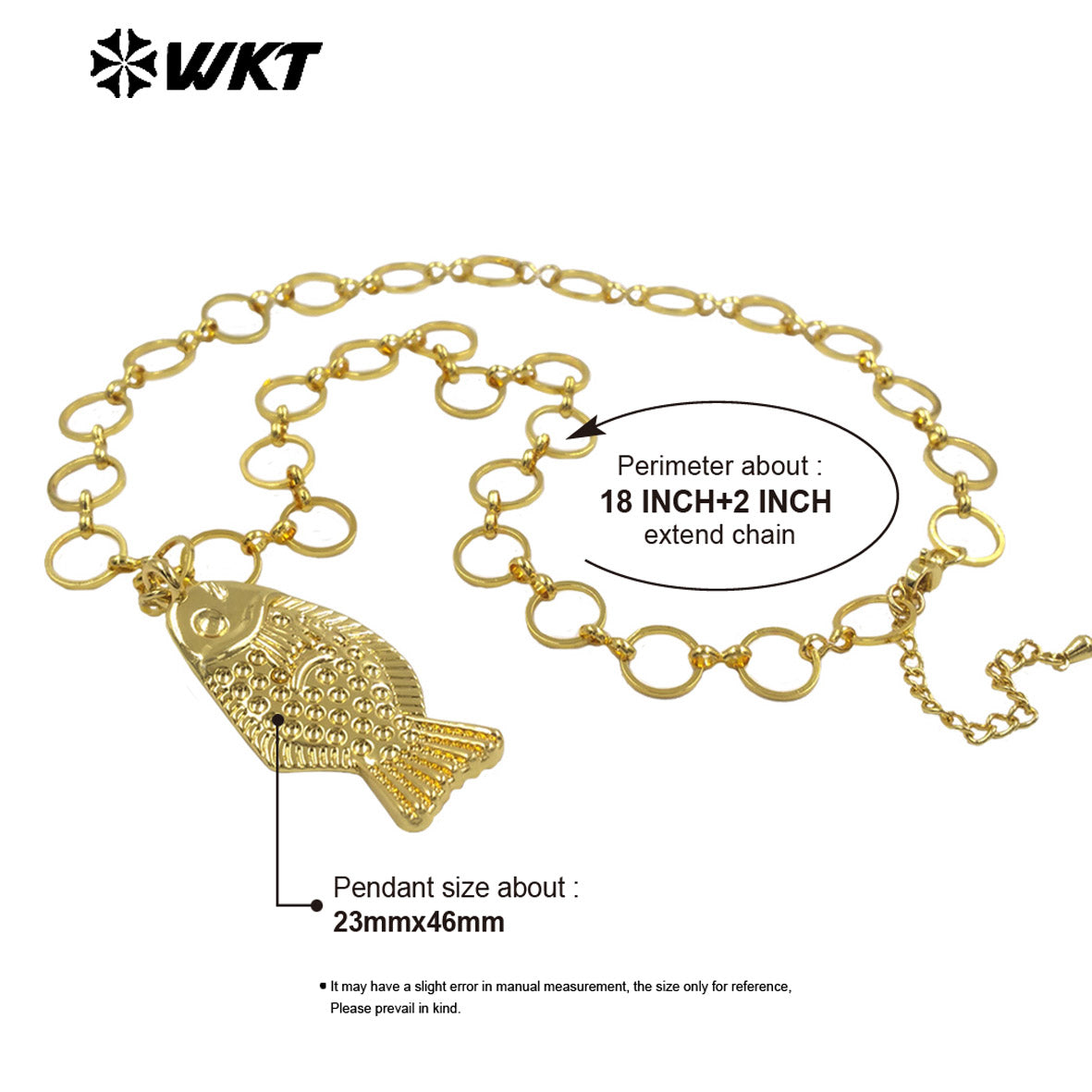 WT-JFN69 Factory Wholesale Round Metal Chain And 18K Gold Plated Yellow Brass Fish Pendant Necklace As Lady Daily Jewelry