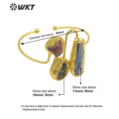 WT-B621 Gorgeous Fashion Triple Natural Stone Bangle Open Size Cuff Adjustable Kyanite Bangle Handmade Gold Anniversary Gift