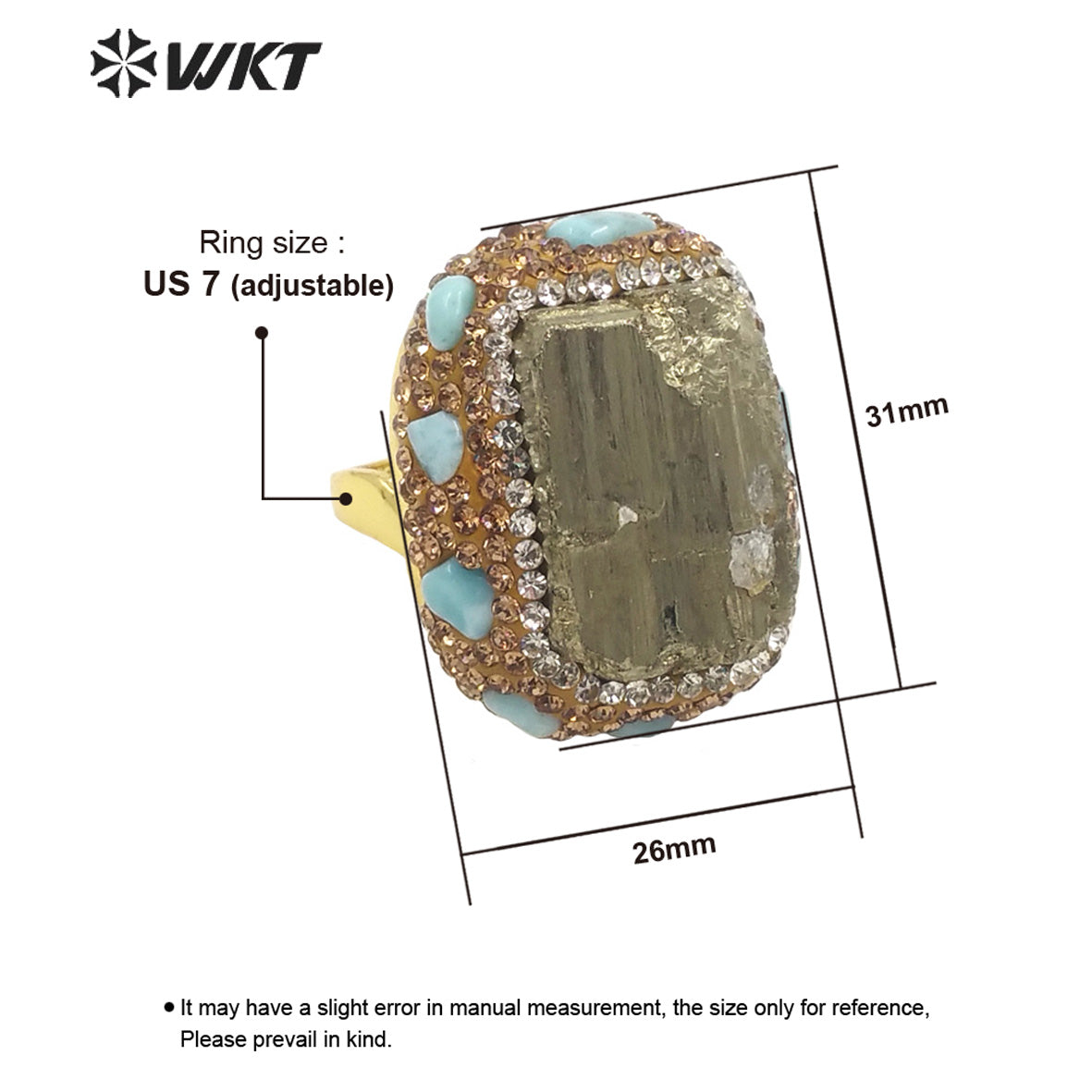 WT-R435 WKT Victoria Age Classic Natural Raw Pyrite Ring Unique Gold Rhinestone Charm Energy Stone Ring for Friend Gift