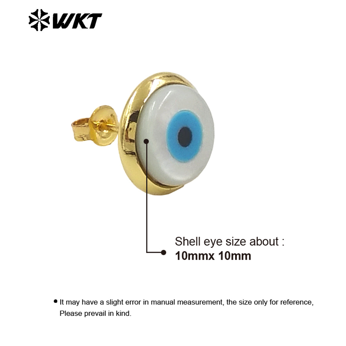 WT-MPE131 Wholesale Fashion 18K Gold Plated 10mm Brass Bezel Setting Natural Shell Turkey Eye Studs Women Earrings