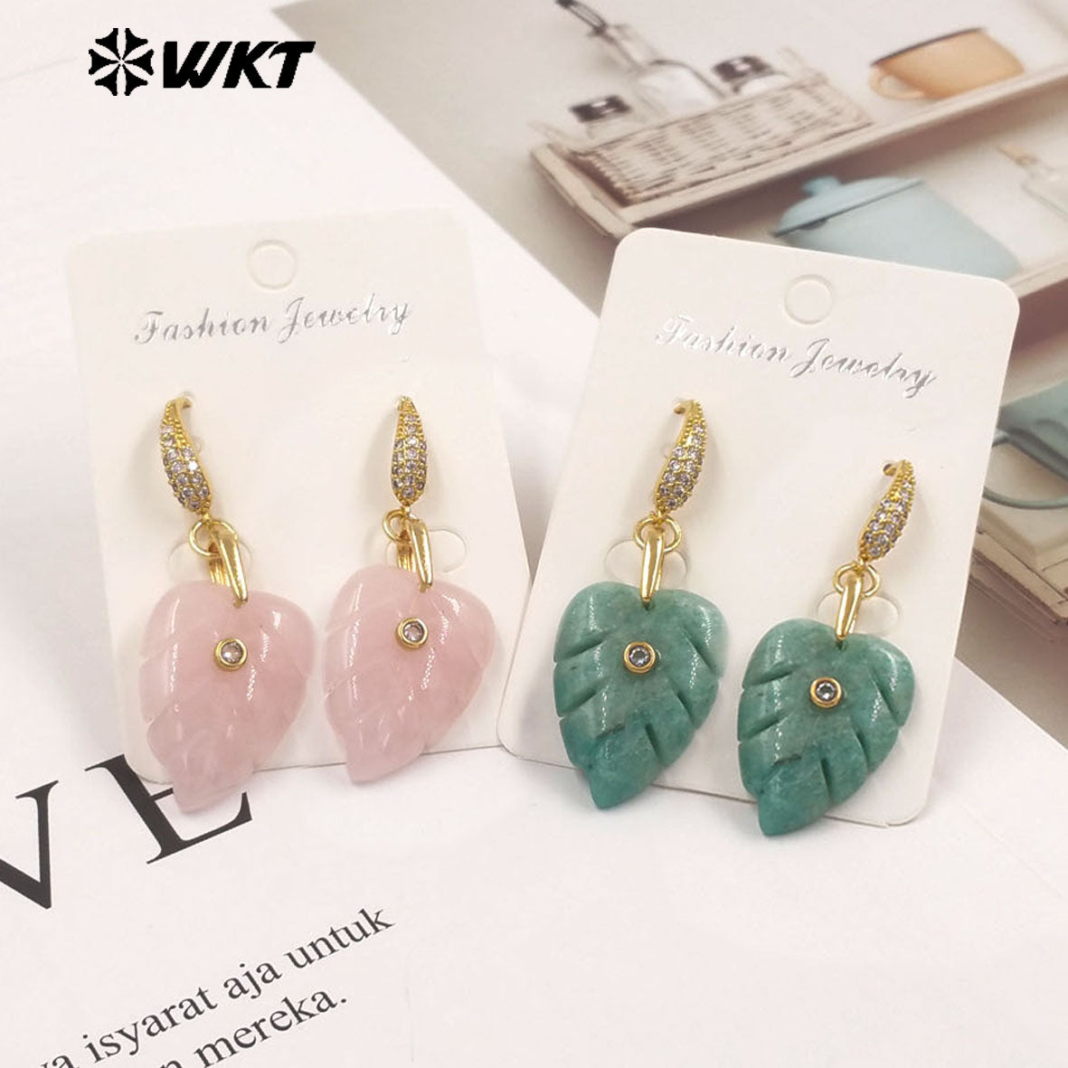 WT-E829 Wholesale Popular Zircon And Colorful Natural Gemstones Carved Leaf Shape Gold Earrings For Women Lovely Jewelry