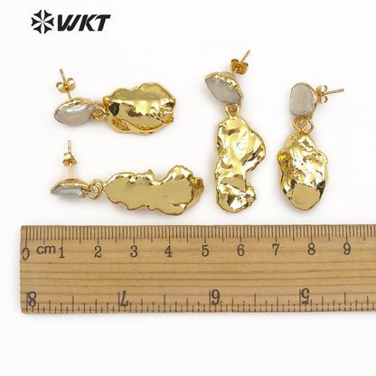 WT-E490 Boho Gift for Women Freshwater Pearl Stud With Random Shape Double Pearl Jewelry Full Gold Dipped Baroque Pearl Earring