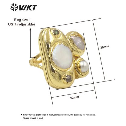 WT-MPR084 Amazing Gorgeous Women 18K Real Gold Plated Multi Pearls Fashion Cocktail Ring for Wedding Anniversary