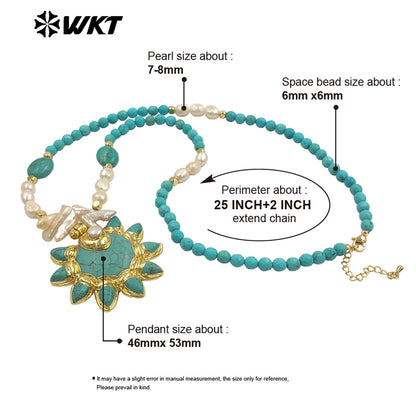 WT-JN371 Amazing Vintage Style Gold Plated Stone And Pearl Splicing Chain With Turquoise Pendant Necklace For Party Wearing