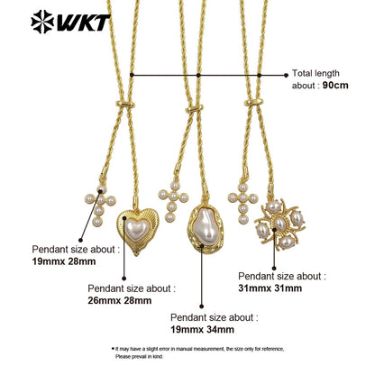 WT-JFN52 Elegant Style Brass And Artificial Pearl Gold Plated Cross Heart Shape Charms Metal Necklace For Friends Romantic Gift