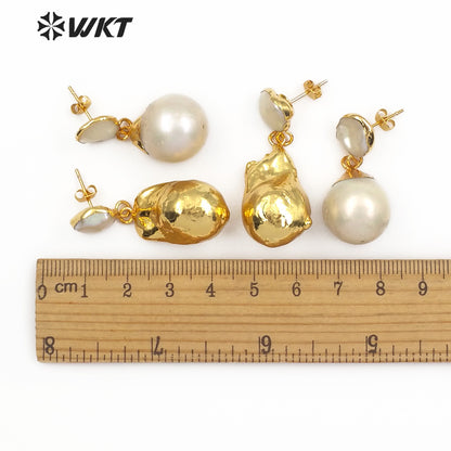 WT-E487 Bridal Wedding Jewelry White Pearl Earring or Gold Dipped Pearl Earring Jewelry Random Shape Baroque Pearl Earring