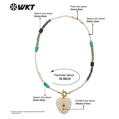WT-JN404 Popular Fashion Style Natural Gemstone Beads Chain With White Shell Heart Pendants Necklaces For Girls Wearing