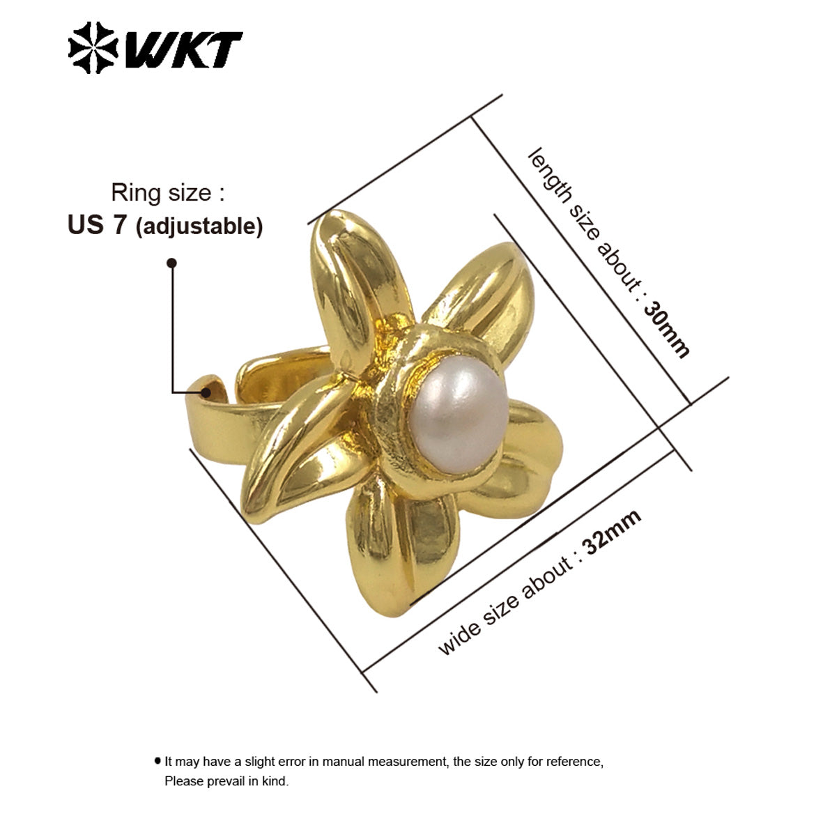 WT-MPR170 Popular Design 18K Gold Electroplated Natural Freshwater Pearl Flower Shape Ring Adjustable Size For Girls Jewelry
