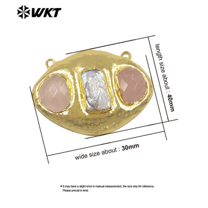 WT-PC021 Delicate 18K Gold Plated Two Natural Stones And Pearl Connectors With Double Hoops For Women Unique Necklace Design