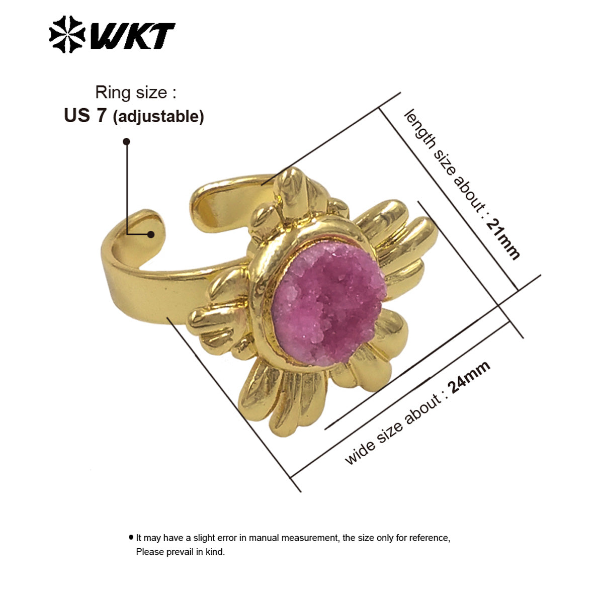 WT-R609 Beautiful Gold Plated Natural Druzy Quartz Stone Sun Flower Shape Women Rings For Party Trendy Wearing Accessory