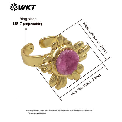 WT-R609 Beautiful Gold Plated Natural Druzy Quartz Stone Sun Flower Shape Women Rings For Party Trendy Wearing Accessory
