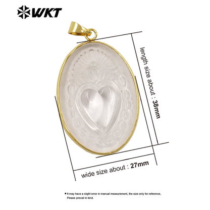WT-JP514 Beautiful Gold Electroplated Oval Natural Crystal Quartz Heart Shape Pattern Pendant As Women Jewelry Making Accessory
