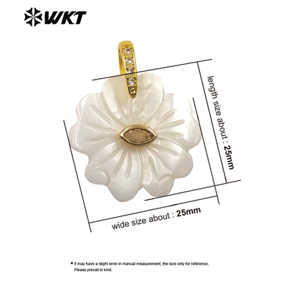 WT-JP485 Exquisite Corolful Zircon And White Shell Carved Flower Shape Gold Pendants For Lady Beautiful Earrings DIY Design