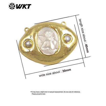 WT-PC020 Newest Gold Electroplated Mother Of Pearl Religious Patterns Charms Connector With Double Hoops For Necklace Handmade