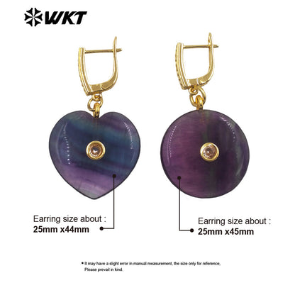 WT-E808 Lovely Gold Plated Natural Rainbow Fluorite Stone Heart Round Shape Earrings For Girlfriend Valentine's Day Gifts