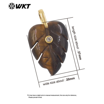 WT-P2141 Wonderful Zircon And Multi Colors Natural Gemstones Hand Carved Leaf Shape Gold Pendants For Lady Earrings DIY