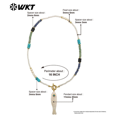 WT-JN405 Wonderful Natural Gemstone Beads Chain With White Shell Fish Charms Gold Necklaces For Women Party Trendy Matching