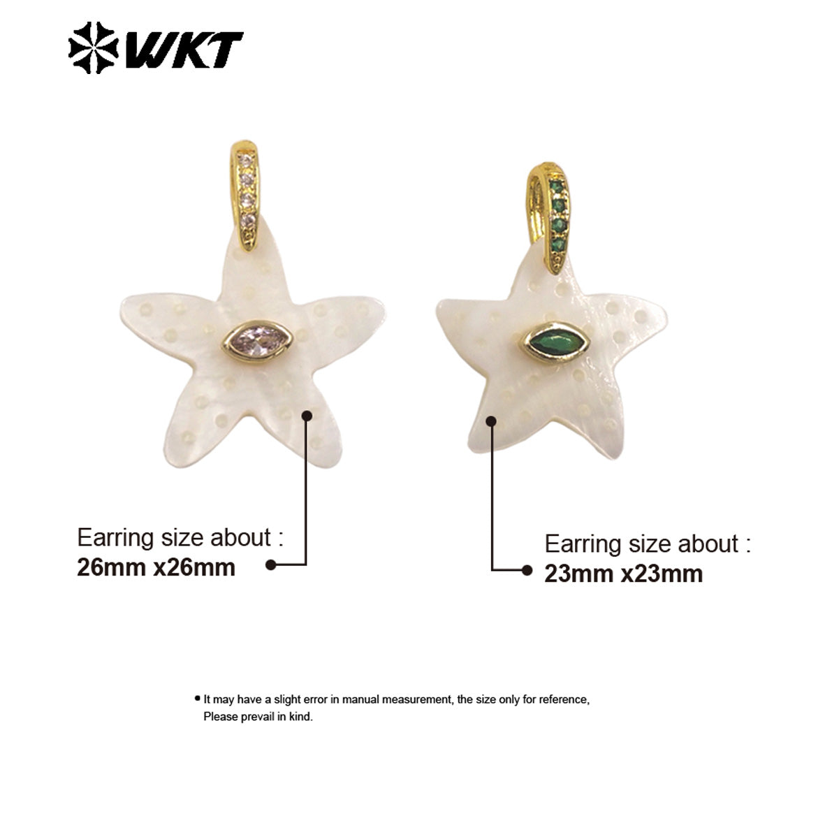 WT-JP480 Trendy Simple Style Gold Plated Zircon And White Shell Starfish Shape Little Pendants For Women Earrings Design