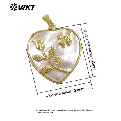WT-JP516 Delicate White Shell And Gold Plated Leaves Heart Shape Pendant For Female Fashion Jewelry Decorative Findings
