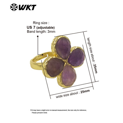 WT-R601 Beautiful 18K Gold Electroplated Natural Gemstones Flower Shape Rings Adjustable For Women Fashion Style Jewelry
