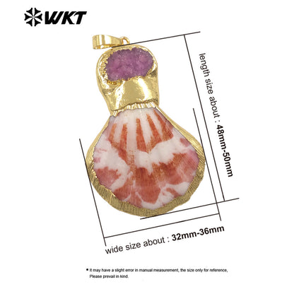 WT-JP507 New Arrival Gold Electroplated Natural Scallop Shell And Druzy Quartz Stone Splicing Pendant For Unique Jewelry DIY