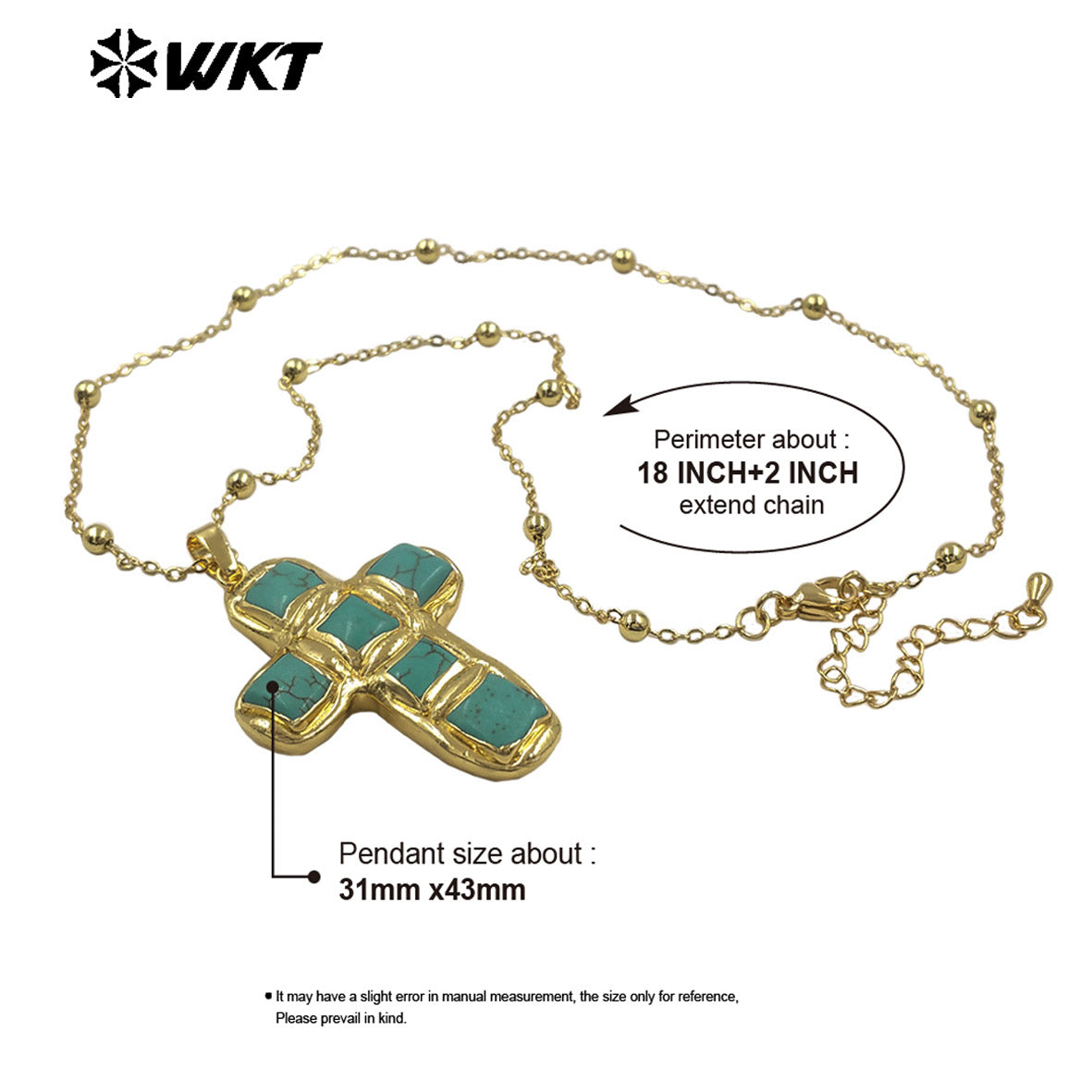 WT-N1523 Wholesale 18K Gold Electroplated Natural Turquoise Stone Cross Pendant Necklaces For Women Vintage Style Jewelry