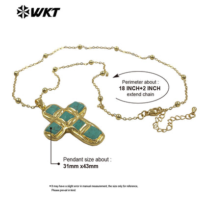 WT-N1523 Wholesale 18K Gold Electroplated Natural Turquoise Stone Cross Pendant Necklaces For Women Vintage Style Jewelry