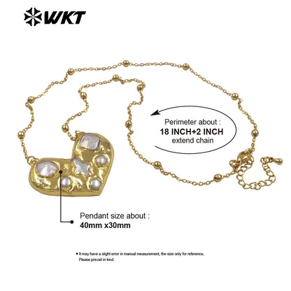 WT-JN381 Beautiful Thin Bead Chain With Gold Electroplated Natural Freshwater Pearl Heart Shape Pendant Necklace For Girl Gift