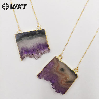 WT-N123 Hot Fashion Gold Slice Amethyst Stone Pendant Necklace High Quality Natural Brazil Druzy Amethyst Stone Necklace