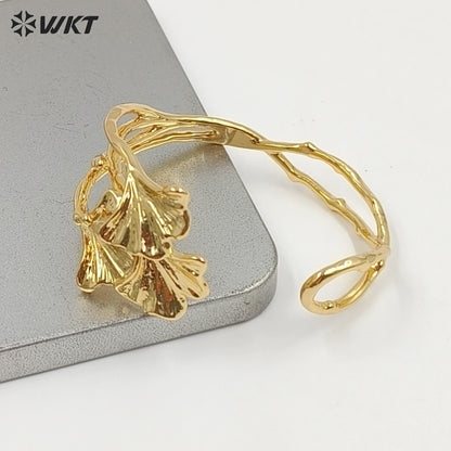 WT-JF383 Wonderful Design 18K Gold Plated Yellow Brass Leaf Shape Metal Cuff Bangle For Women Elegant Summer Decorative Jewelry