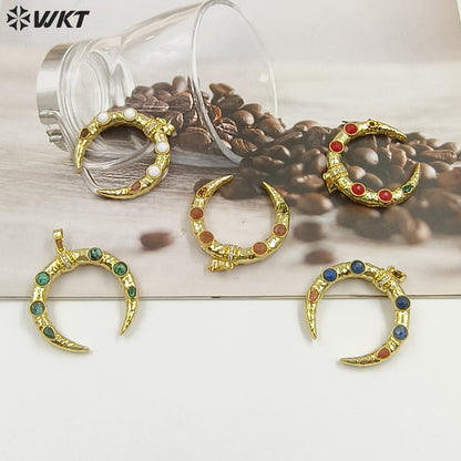 WT-P2050 Delicate 18K Gold Plated Zircon And Lapis Multi Gemstones Horn Shape Pendants For Women DIY Jewelry Accessories