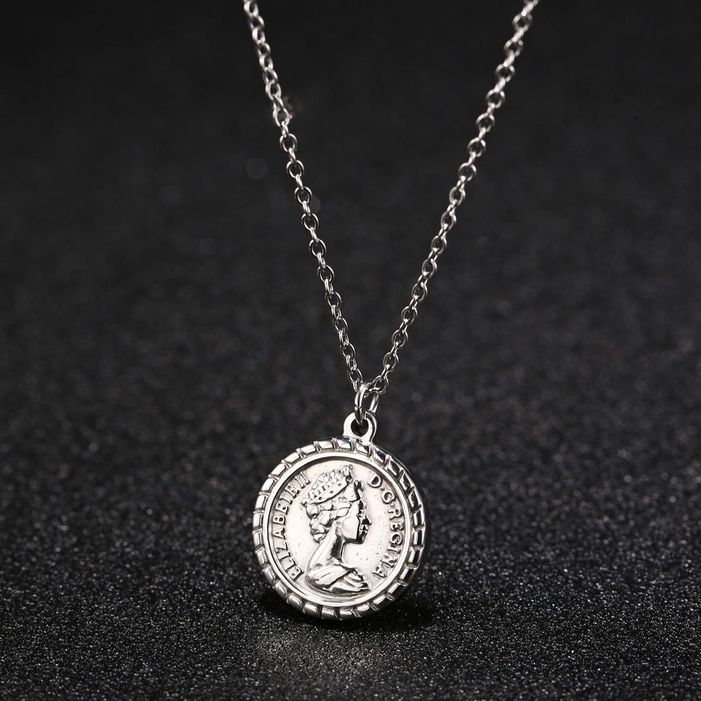 WT-REN014 Women Fashion Gold Plated Metal Round Coin Necklace Charming Elegant Full Gold Elizabeth Necklace