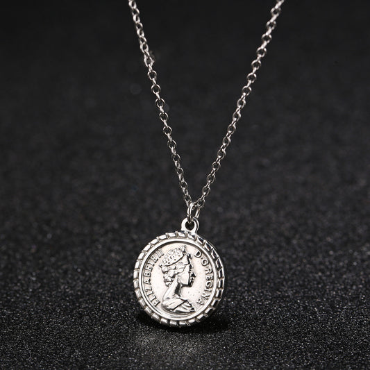 WT-REN014 Women Fashion Gold Plated Metal Round Coin Necklace Charming Elegant Full Gold Elizabeth Necklace