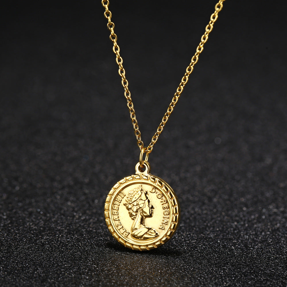 WT-REN014 Women Fashion Gold Plated Metal Round Coin Necklace Charming Elegant Full Gold Elizabeth Necklace