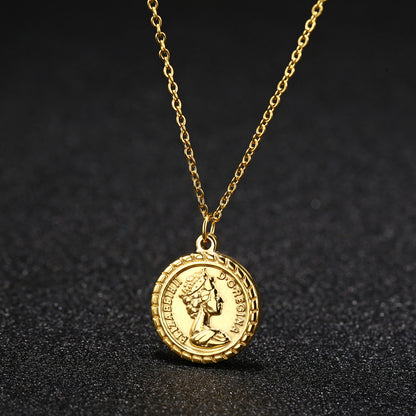 WT-REN014 Women Fashion Gold Plated Metal Round Coin Necklace Charming Elegant Full Gold Elizabeth Necklace